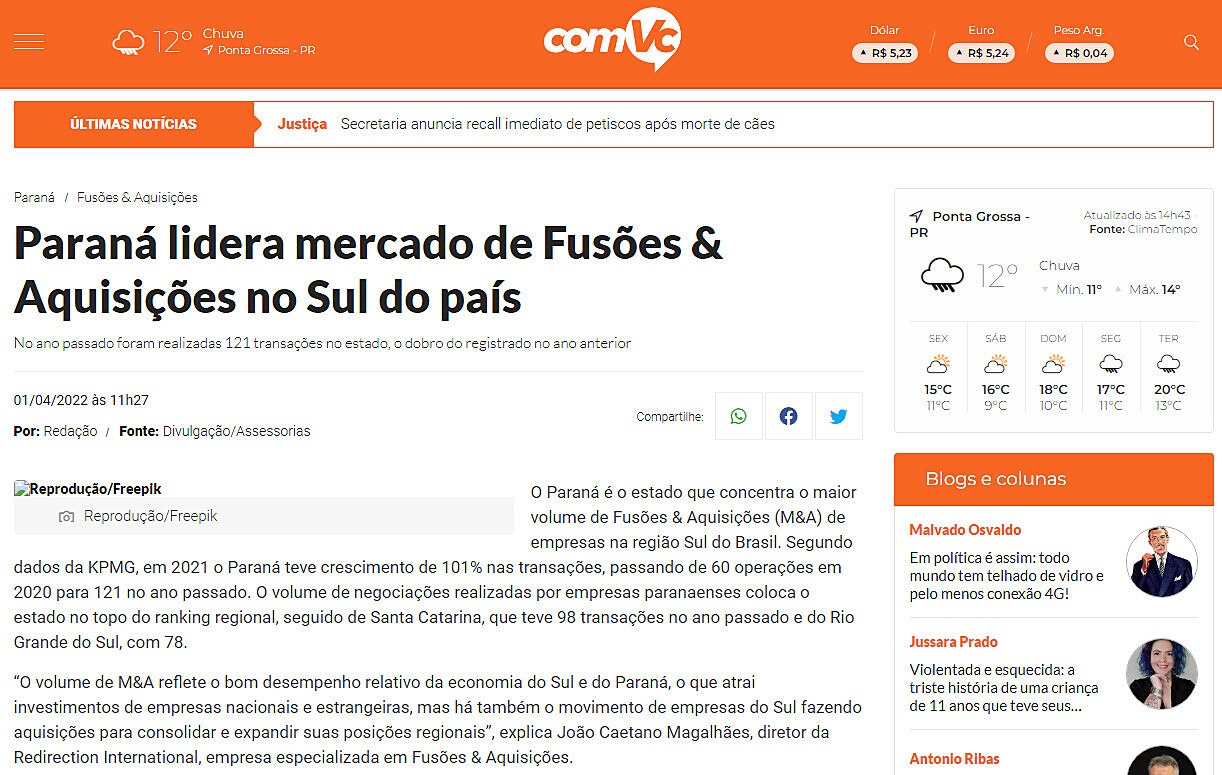 Paran lidera mercado de Fuses & Aquisies no Sul do pas